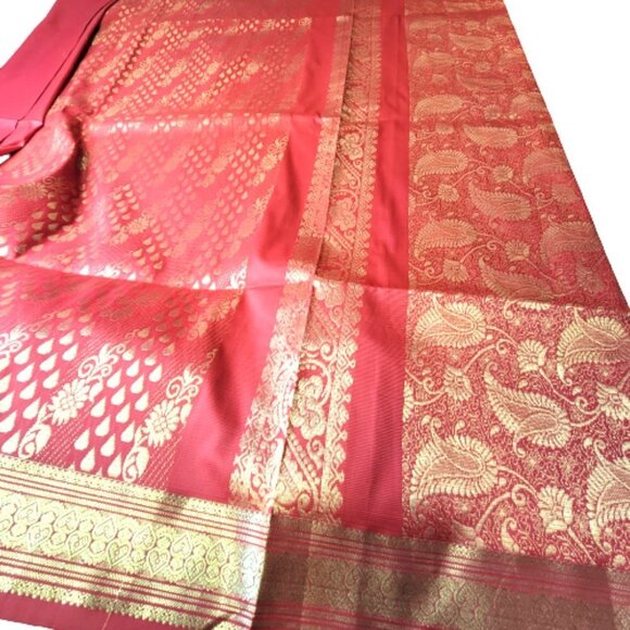 Red Saree with Gold Accents- Unstitched- NEW - Picture 6 of 15